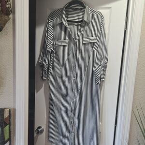 Mlle Gabrielle Black and White Striped Button-Down Shirt Dress